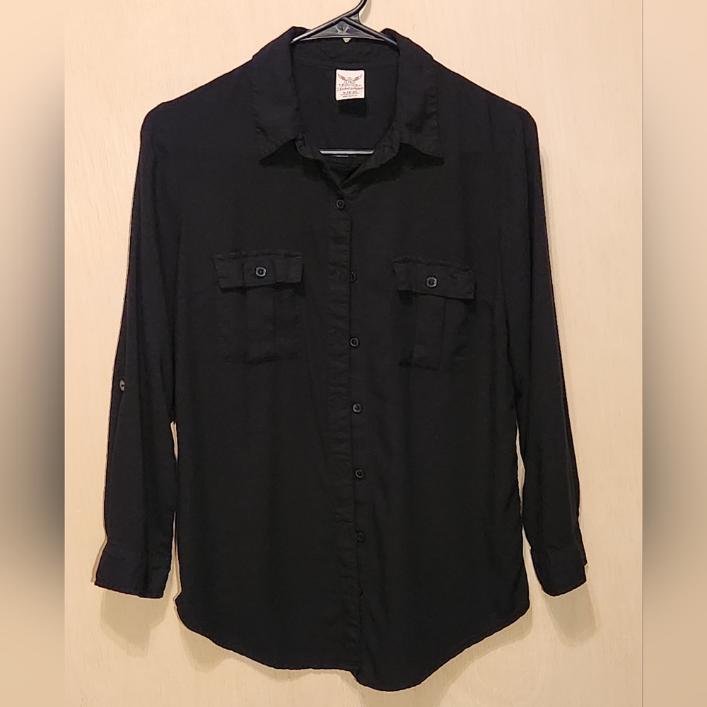 3/4 Sleeve Button Down Shirt - Black - Women's Small